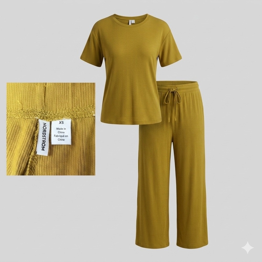 Nordstrom Moonlight Eco Rib 2pc Lounge Pajama Set Charteuse Yellow XS Soft Modal